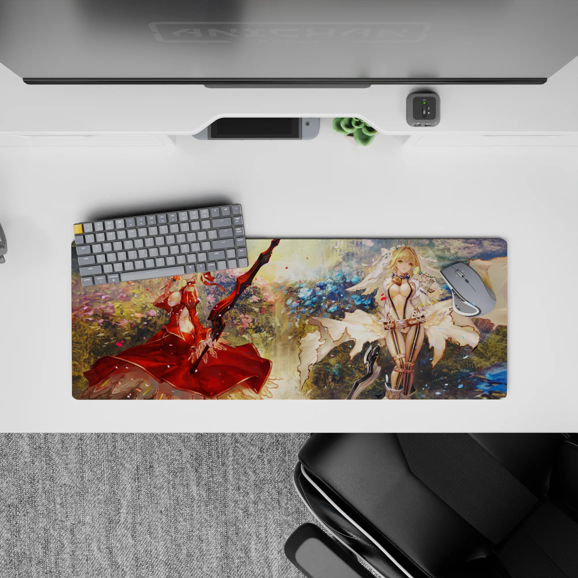 Cozy blue-and-gold anime girl mouse pad 32x12 inches with soft floral bursts and drifting petals.