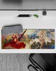 Cozy blue-and-gold anime girl mouse pad 32x12 inches with soft floral bursts and drifting petals.