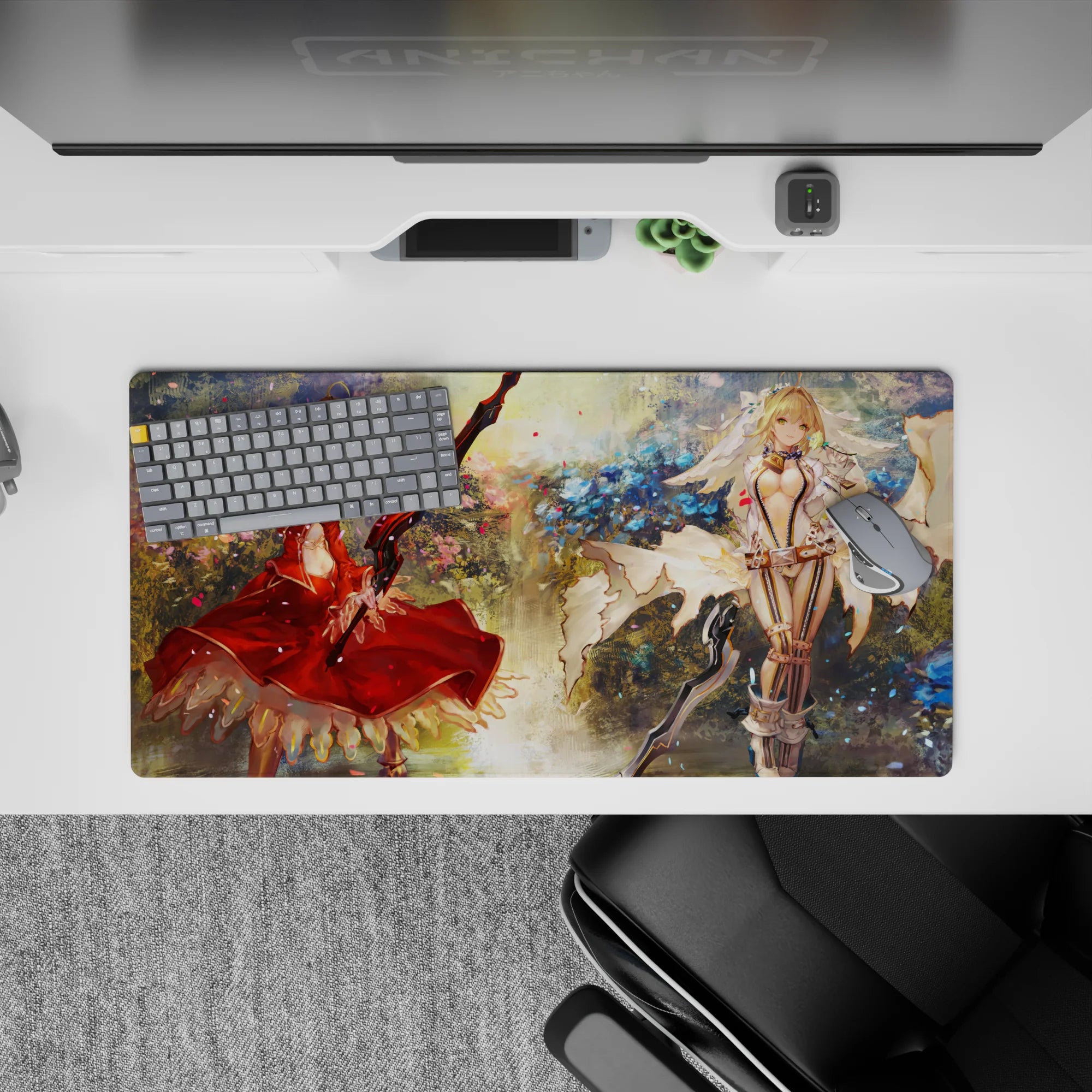 Cozy blue-and-gold anime girl mouse pad 32x16 inches with crimson and ivory outfits and drifting confetti.