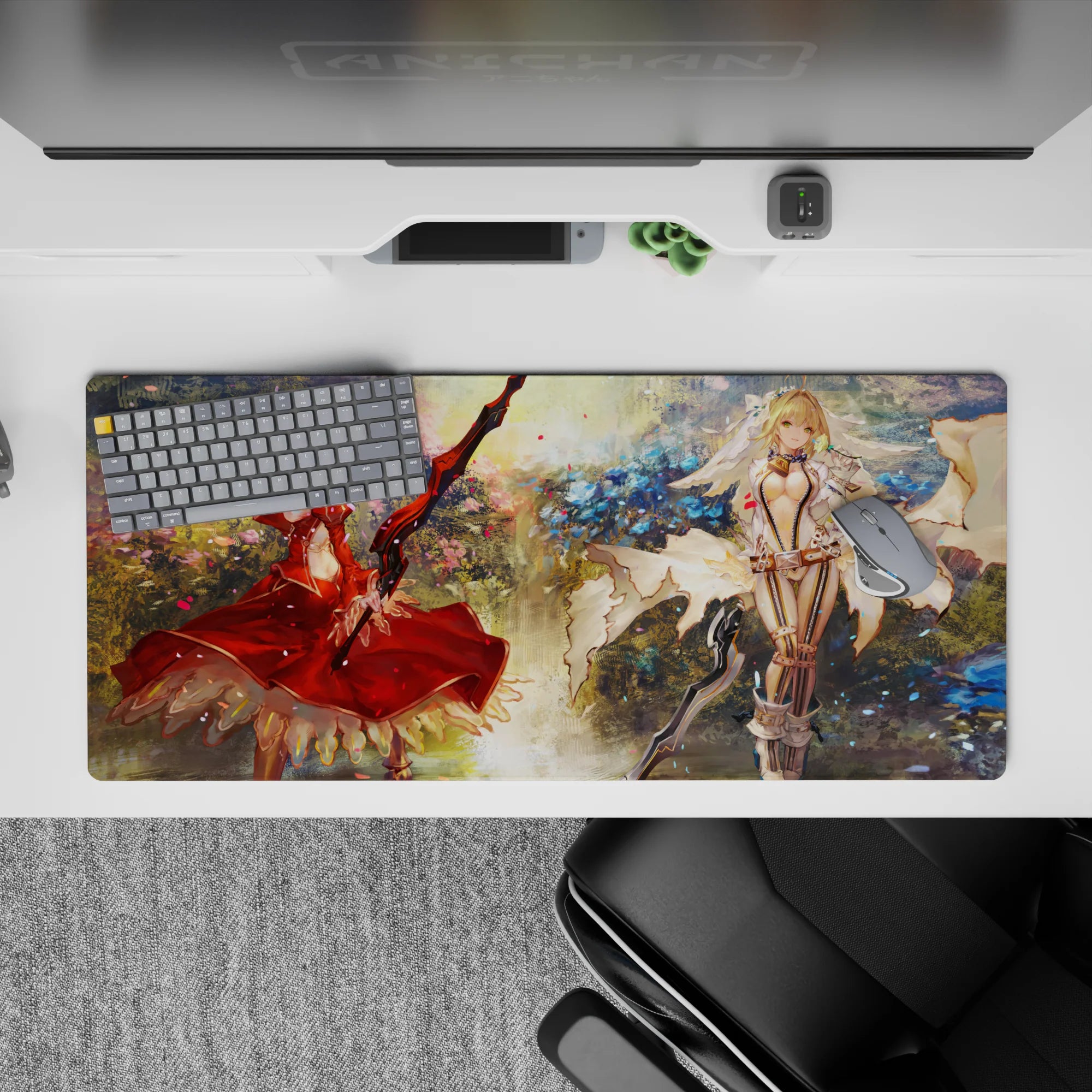 36x16 inches anime girl desk pad in painterly blues and gold light with cozy floral bursts and confetti.