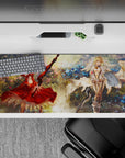 36x16 inches anime girl desk pad in painterly blues and gold light with cozy floral bursts and confetti.