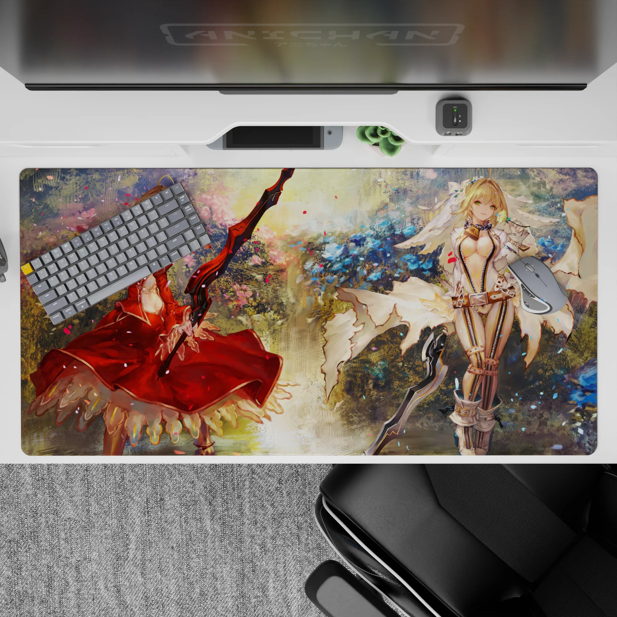 Cozy fantasy anime desk pad 40x20 inches in painterly blues and gold light with drifting petal confetti.