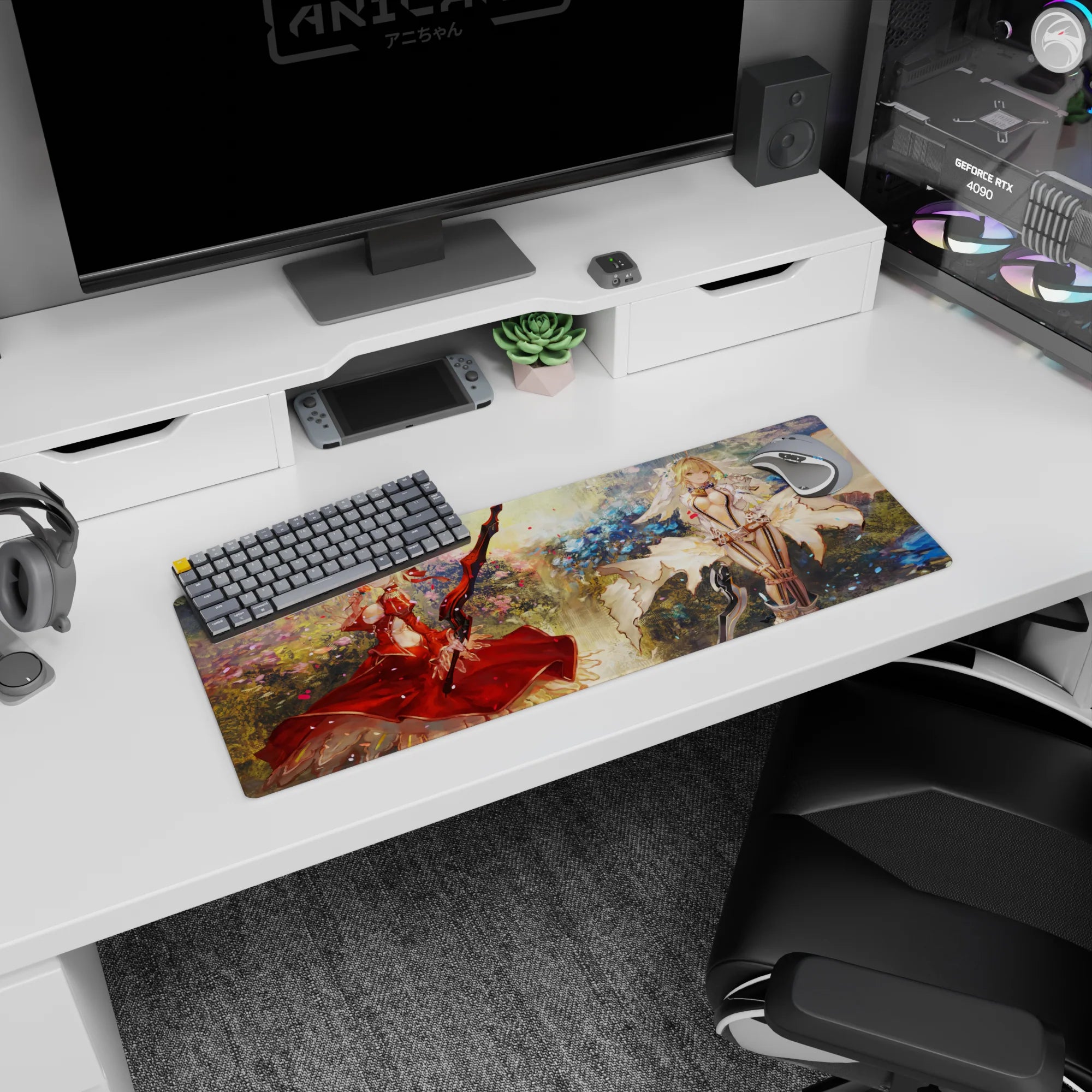 Two blonde warrior girls in crimson and ivory on anime girl mouse pad 32x12 inches, sword duel scene.