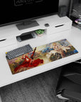 Two blonde warrior girls in crimson and ivory on anime girl mouse pad 32x12 inches, sword duel scene.