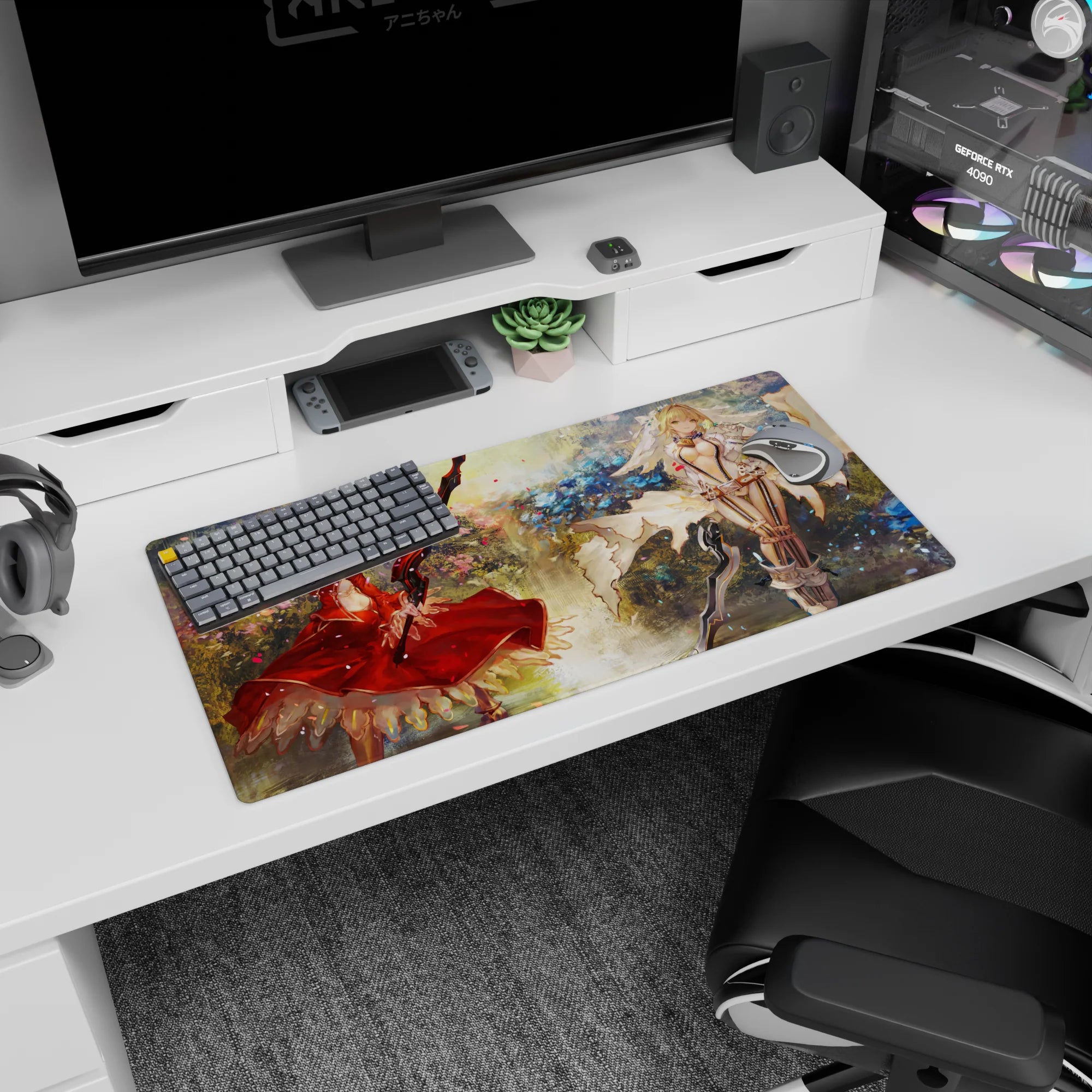 Two blonde sword heroines in crimson dress and ivory frills on an anime girl mouse pad 32x16 inches.