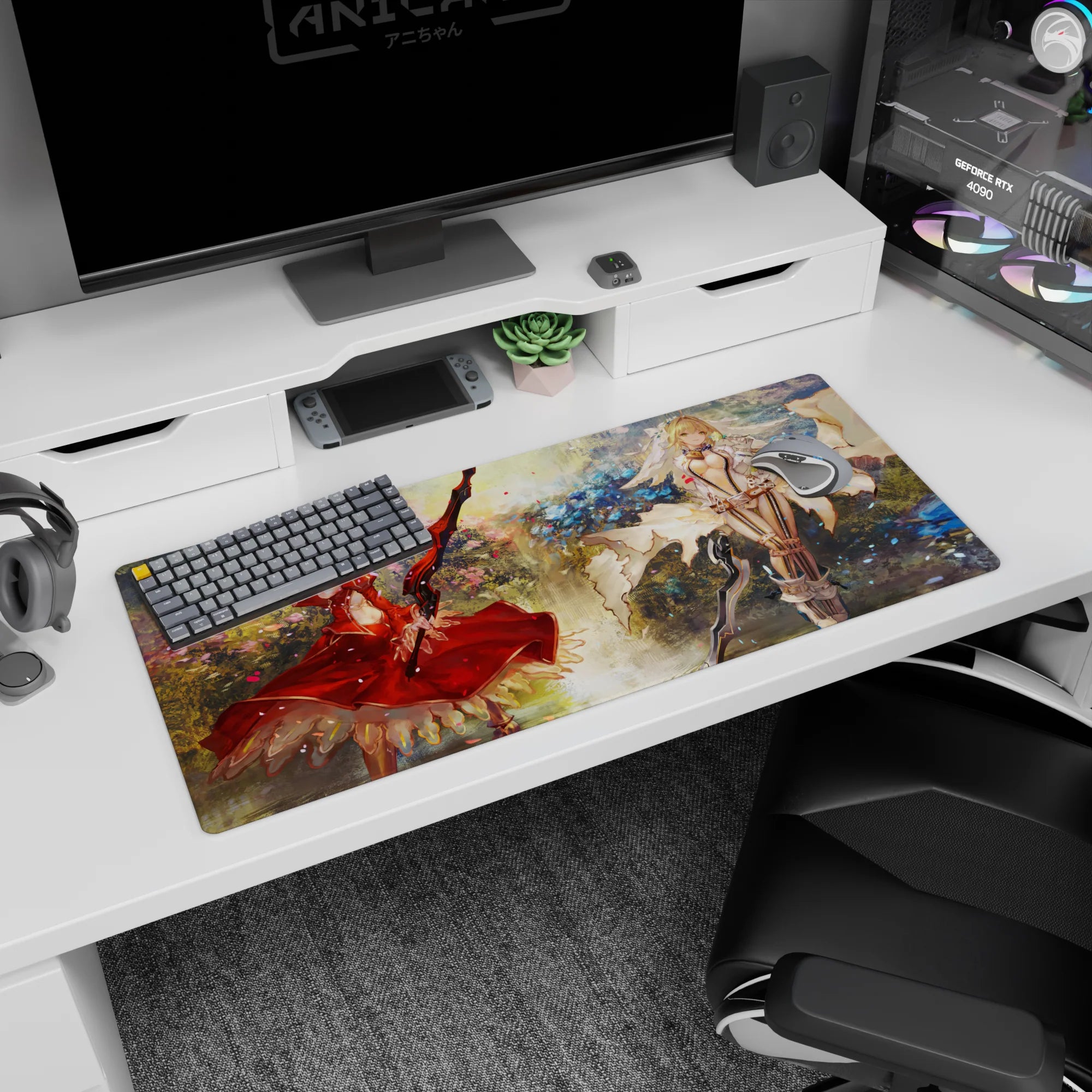 36x16 inches anime girl desk pad showing two blonde swordgirls, crimson gown and winglike ivory outfit.