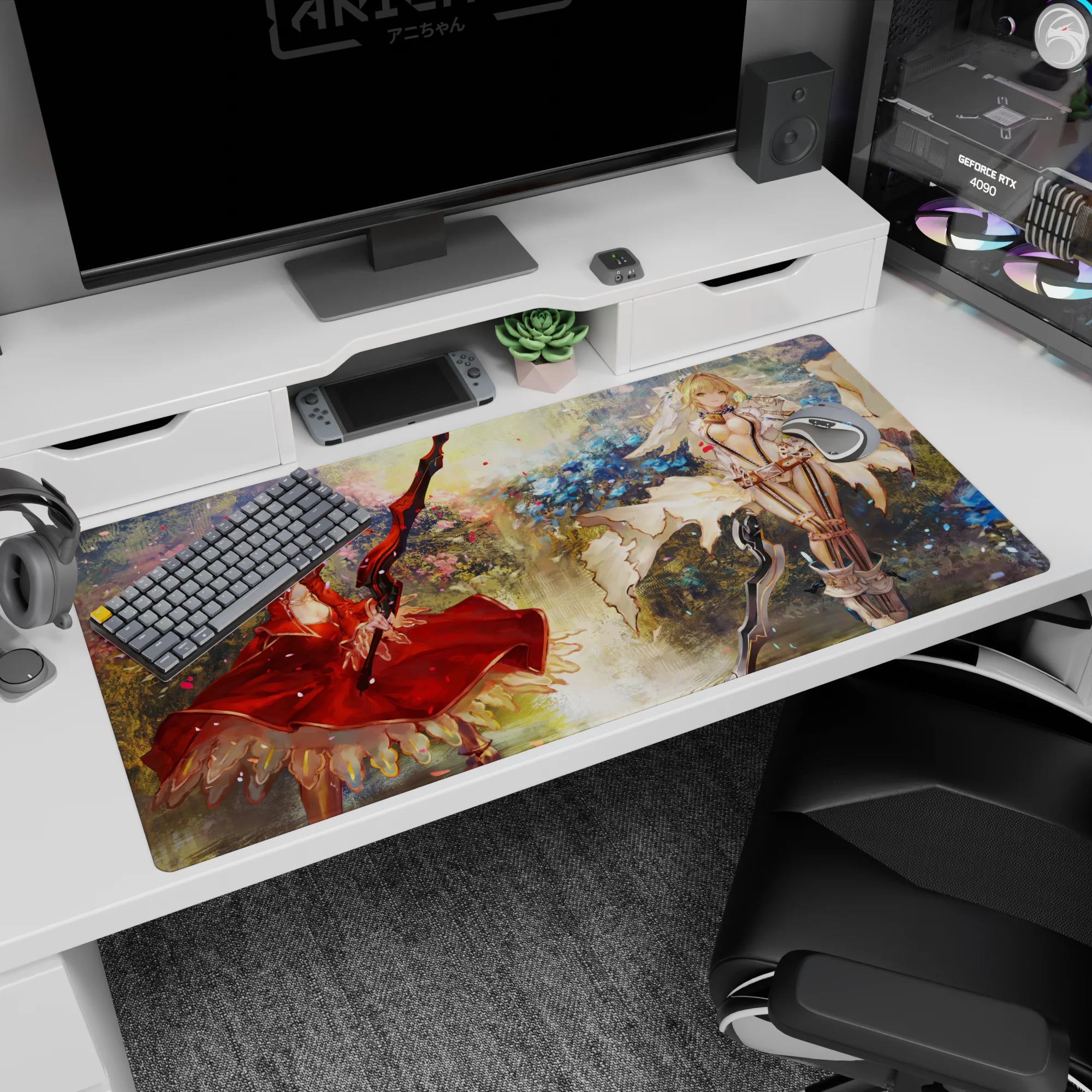 Two blonde anime warrior girls desk pad 40x20 inches, red dress with dark blade and ivory frills with sword.