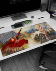 Two blonde anime warrior girls desk pad 40x20 inches, red dress with dark blade and ivory frills with sword.
