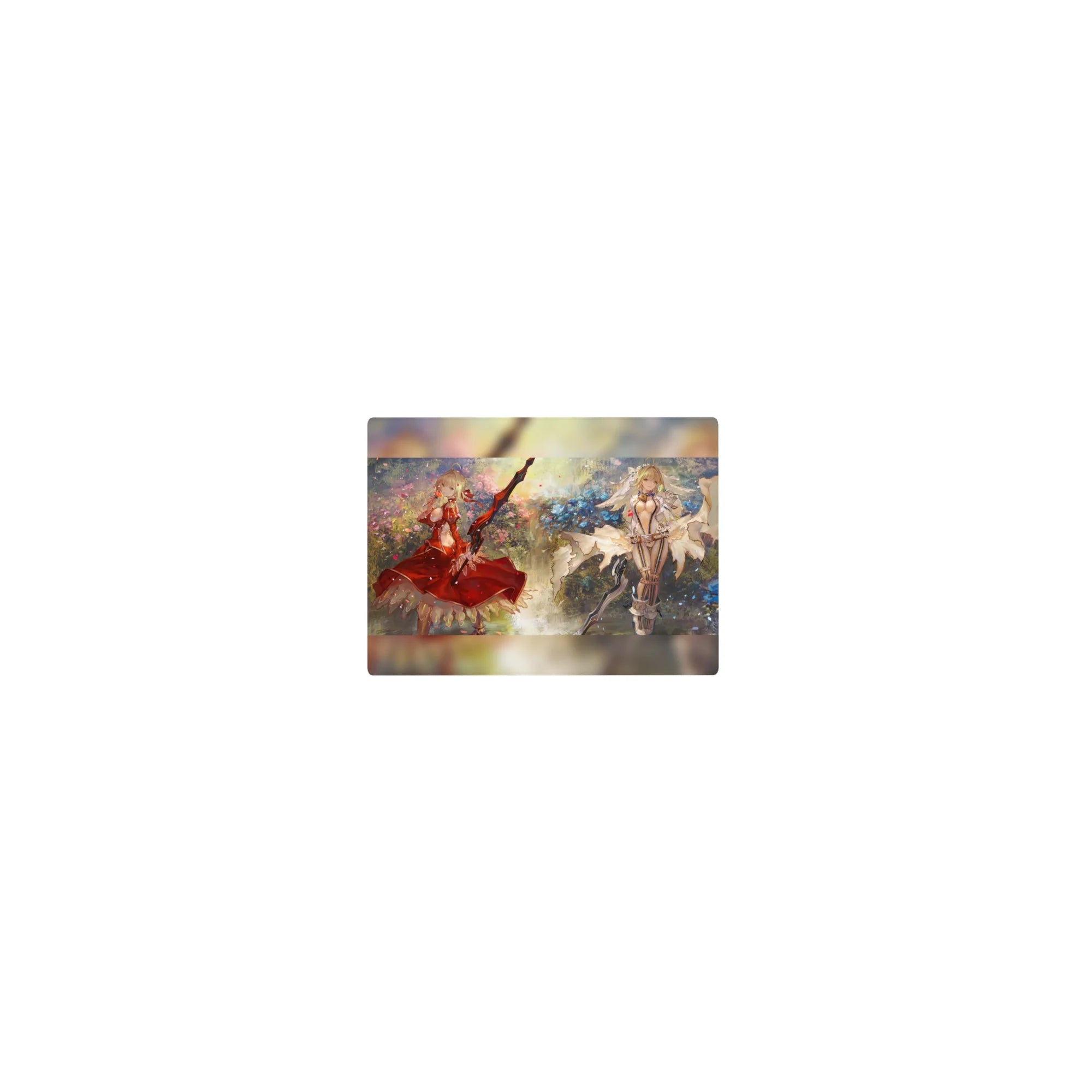 Classic anime girl mouse pad 14x10 inches with two blonde heroines, swords, and fantasy floral confetti.