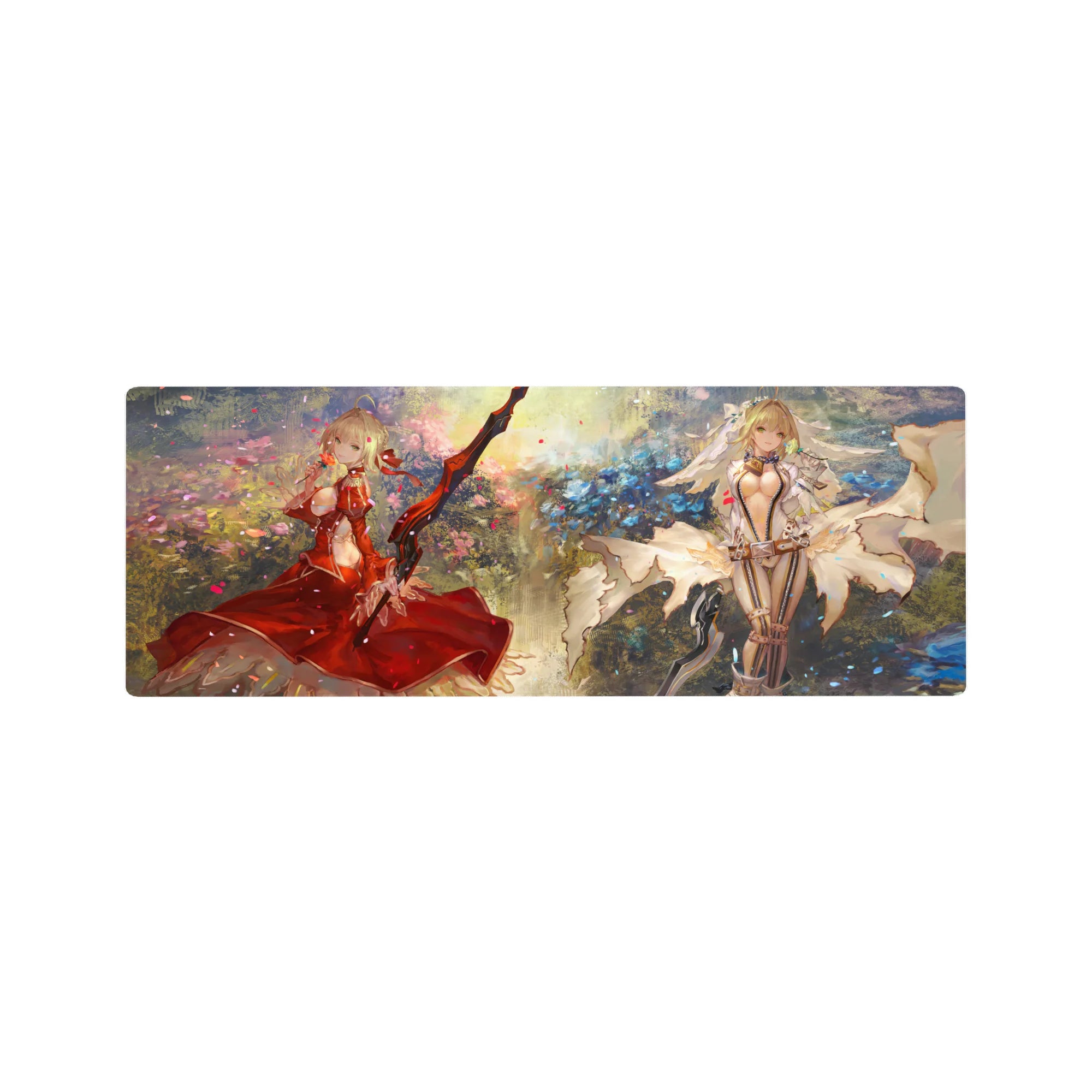 Fantasy anime girl mouse pad 32x12 inches with two blonde heroines, swords, petals, and florals.