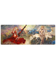 Fantasy anime girl mouse pad 32x12 inches with two blonde heroines, swords, petals, and florals.