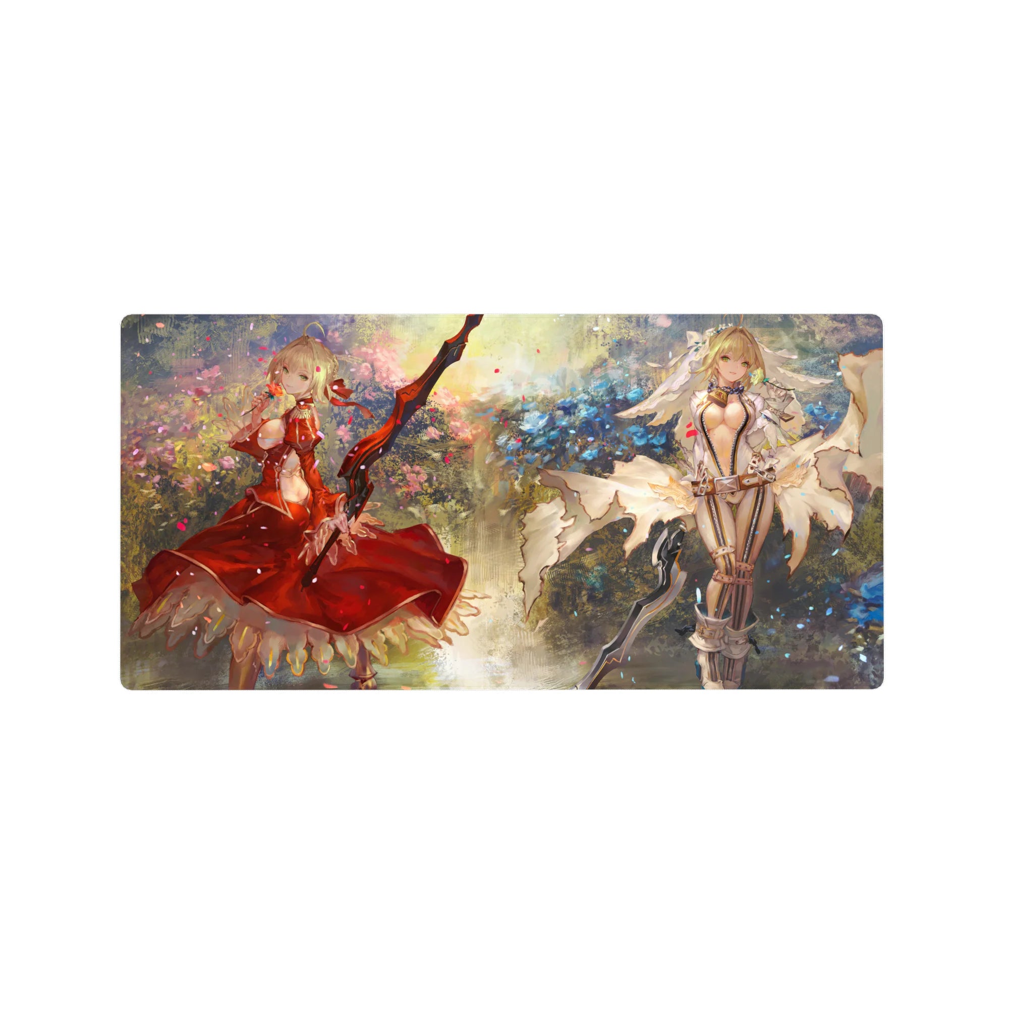 Fantasy anime girl mouse pad 32x16 inches with two blonde heroines, swords, petals, and floral glow.