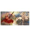Fantasy anime girl mouse pad 32x16 inches with two blonde heroines, swords, petals, and floral glow.