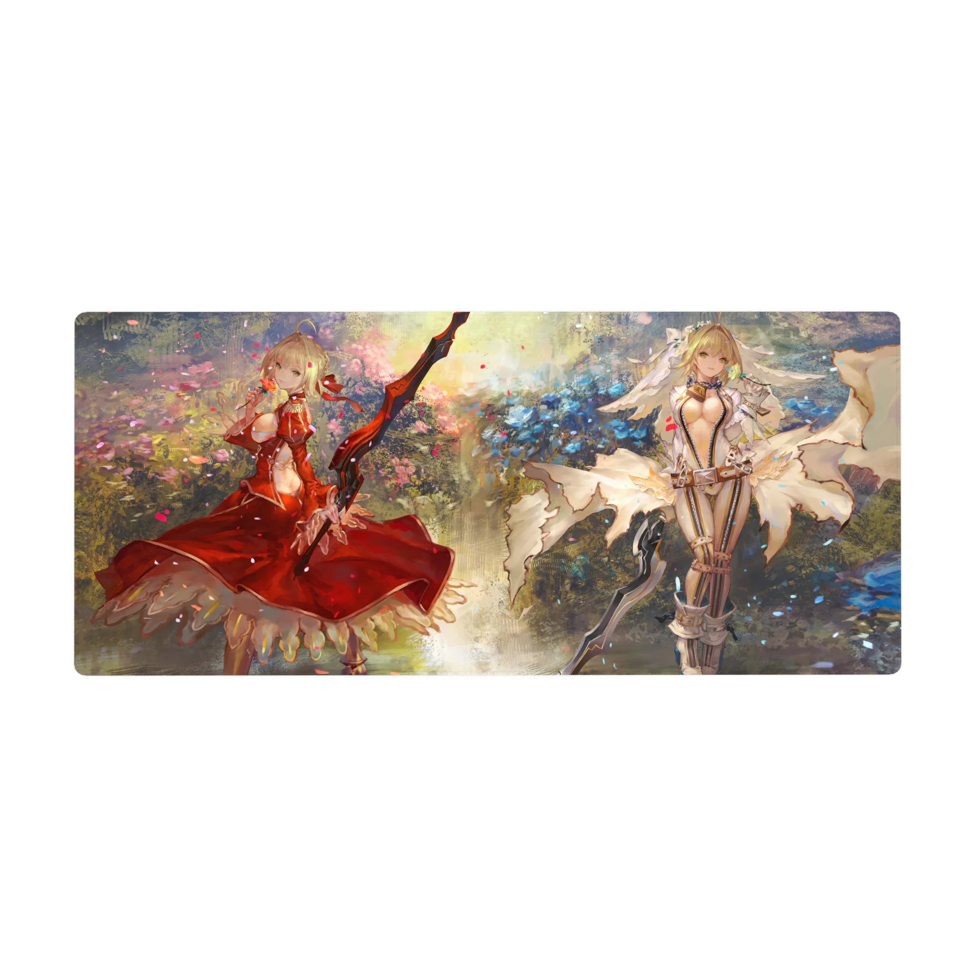 36x16 inches anime girl desk pad with two blonde heroines, red dress and ivory frills, swords, petals.