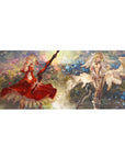 36x16 inches anime girl desk pad with two blonde heroines, red dress and ivory frills, swords, petals.