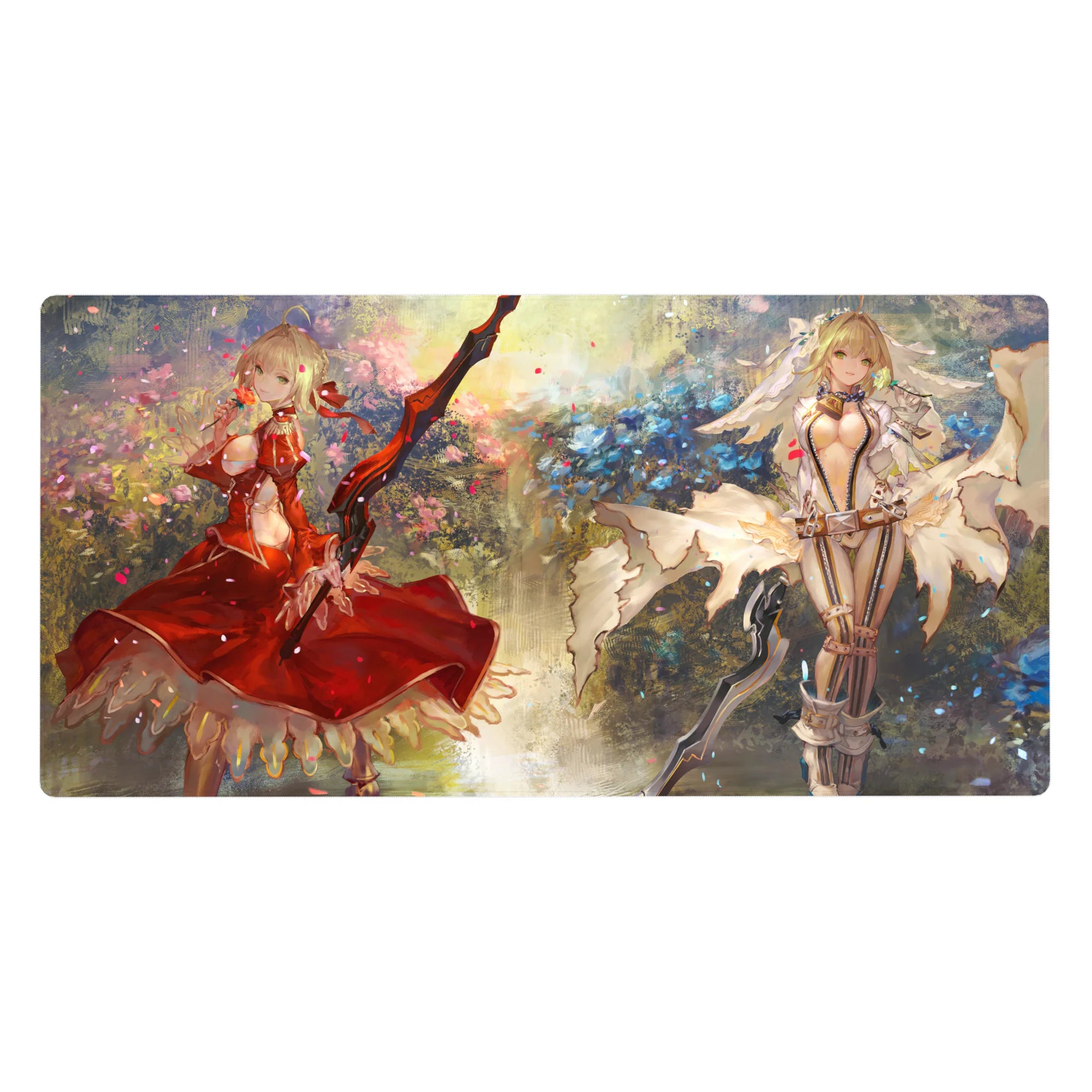 Anime girl desk pad 40x20 inches with two blonde heroines in crimson and ivory, swords, petals, floral glow.