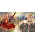 Anime girl desk pad 40x20 inches with two blonde heroines in crimson and ivory, swords, petals, floral glow.