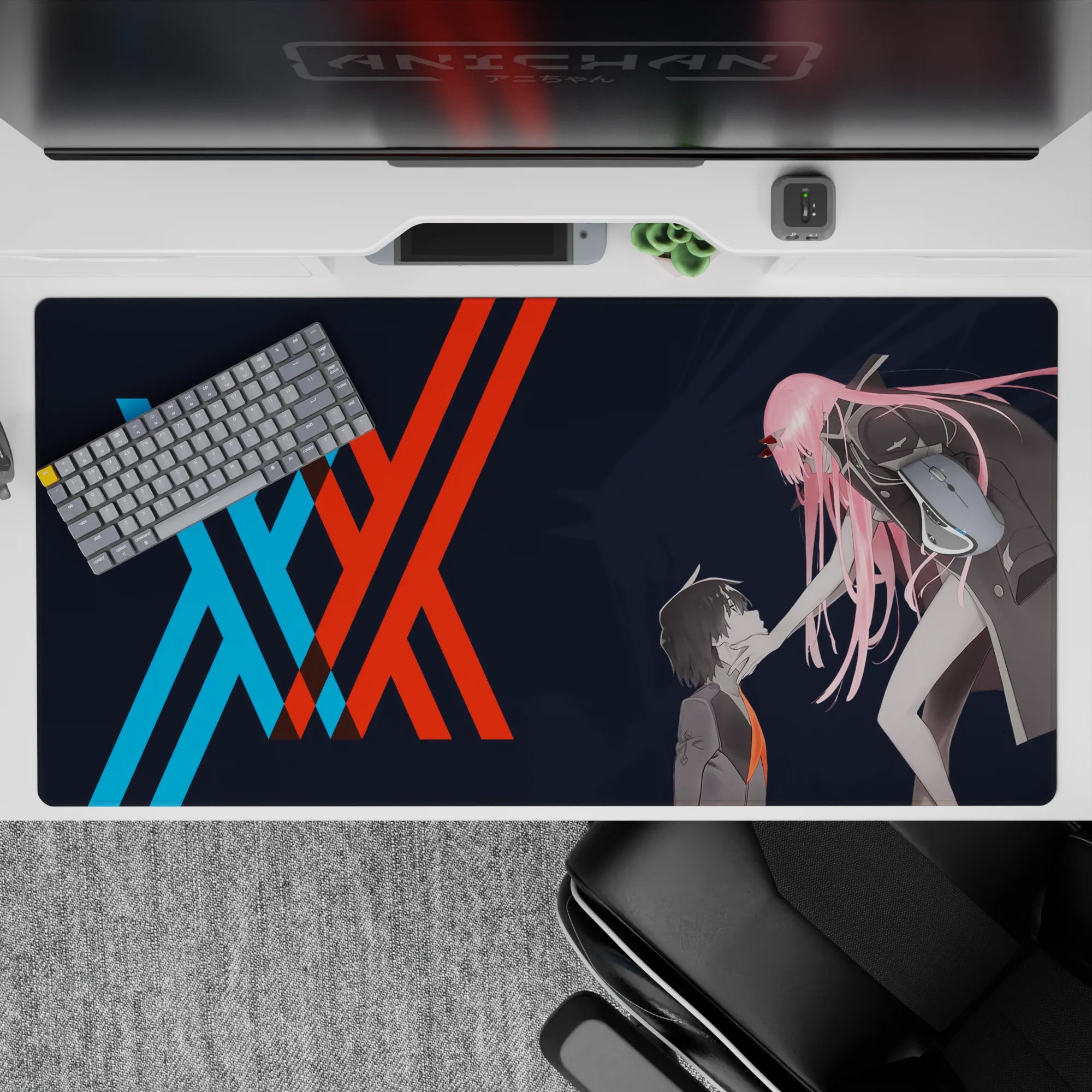 Dynamic 40x20 desk pad showcases Hiro and Zero Two's intense connection with symbolic unity design for fans