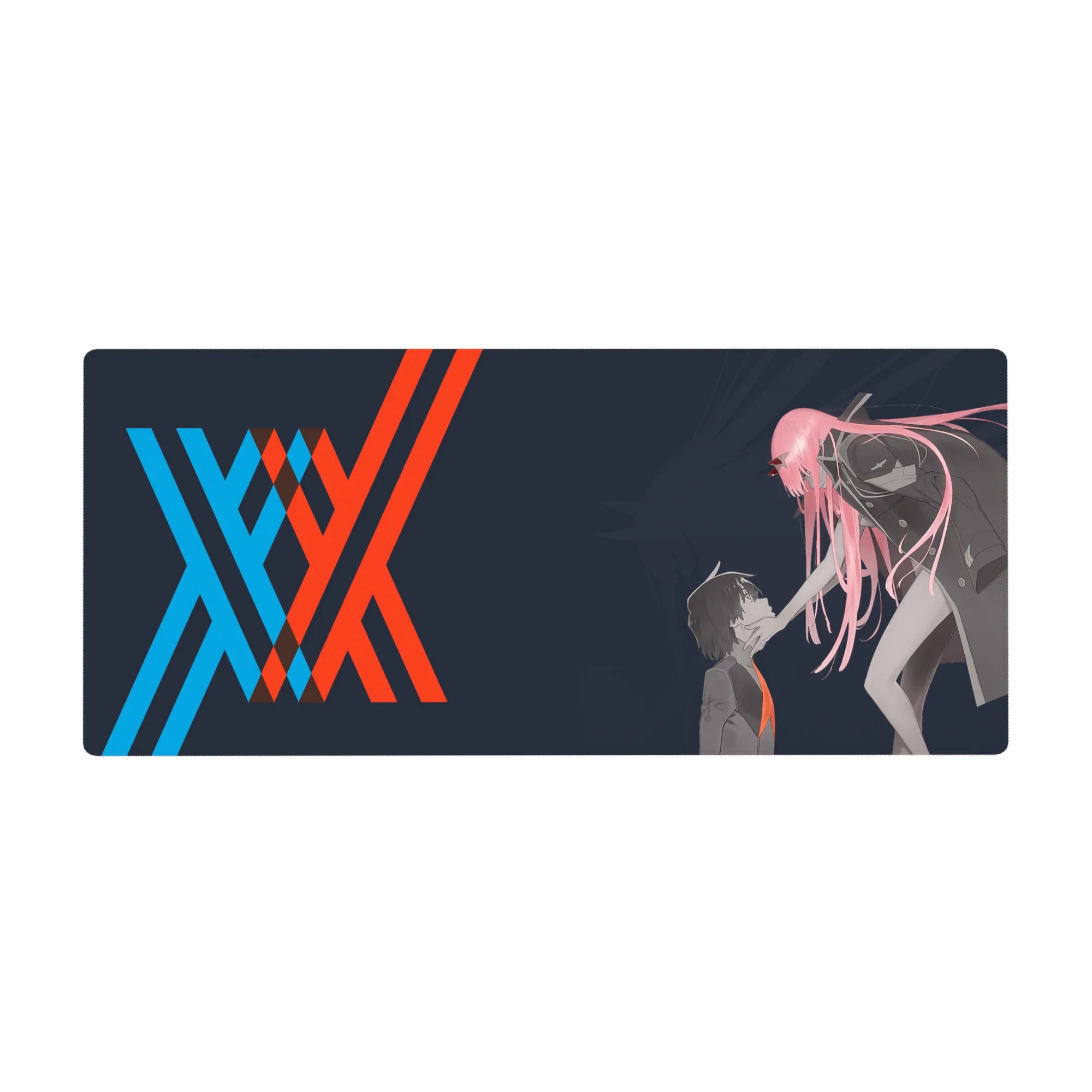 Hiro Zero Two mouse pad 36x16 with red and blue theme for immersive anime-inspired decor and setups