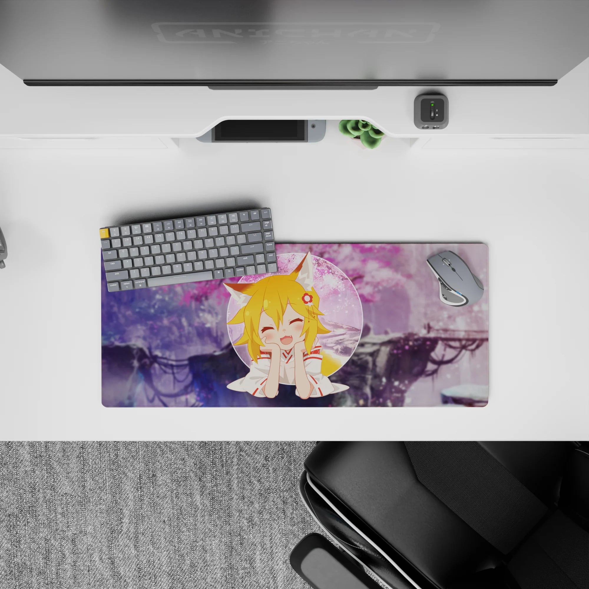 28x12 inches anime girl mouse pad in dreamy purples and pink sakura haze, cozy daydream desk mat.