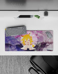 28x12 inches anime girl mouse pad in dreamy purples and pink sakura haze, cozy daydream desk mat.