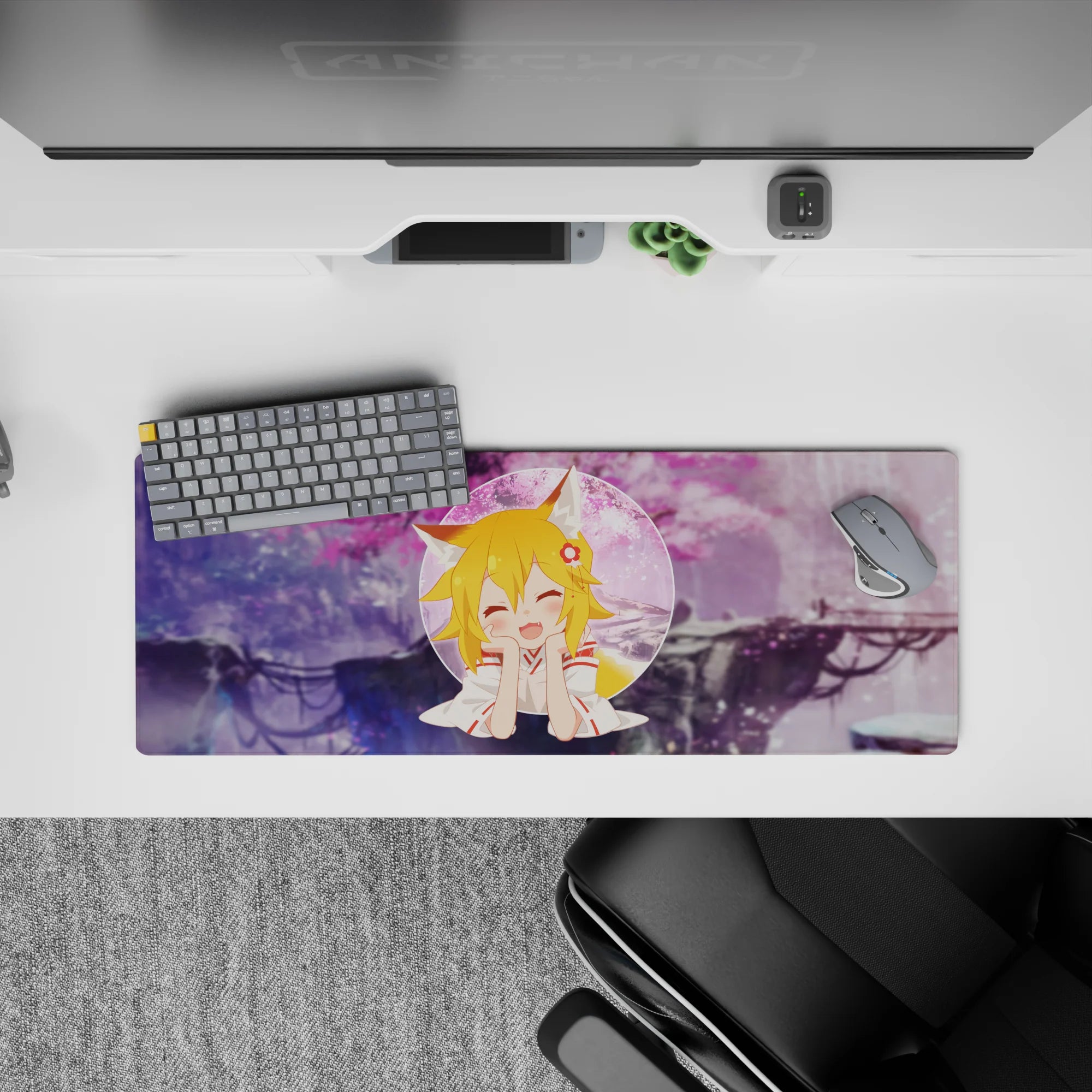 32x12 inches desk mat in dreamy purples and pink sakura haze, cozy daydream vibe anime girl art.