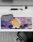 32x12 inches desk mat in dreamy purples and pink sakura haze, cozy daydream vibe anime girl art.