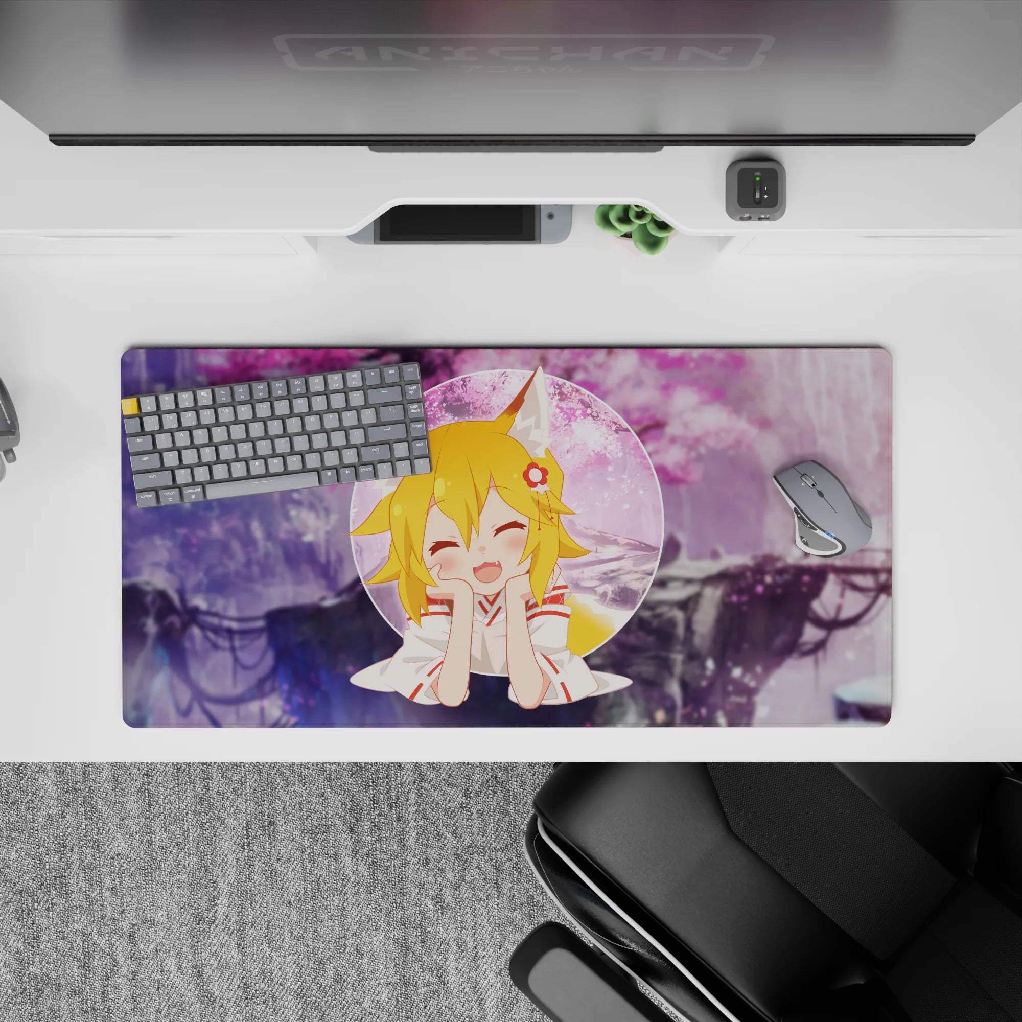 32x16 inches anime girl mouse pad in dreamy purples and pink sakura haze, cozy daydream desk aesthetic.