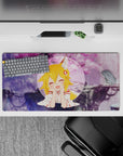 32x16 inches anime girl mouse pad in dreamy purples and pink sakura haze, cozy daydream desk aesthetic.