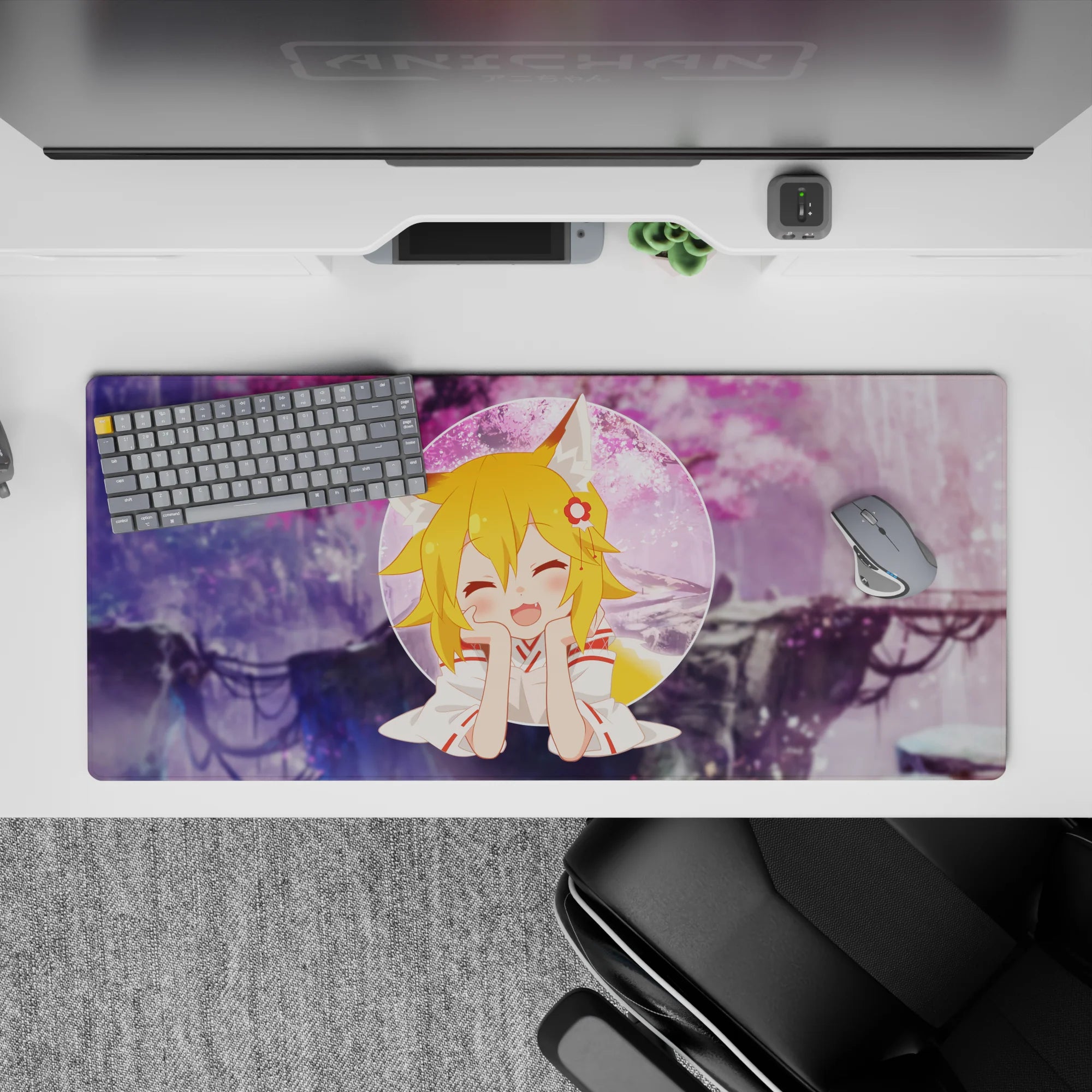 Cozy pastel anime desk pad 36x16 inches in dreamy purples and pink sakura tones, soft vibe.