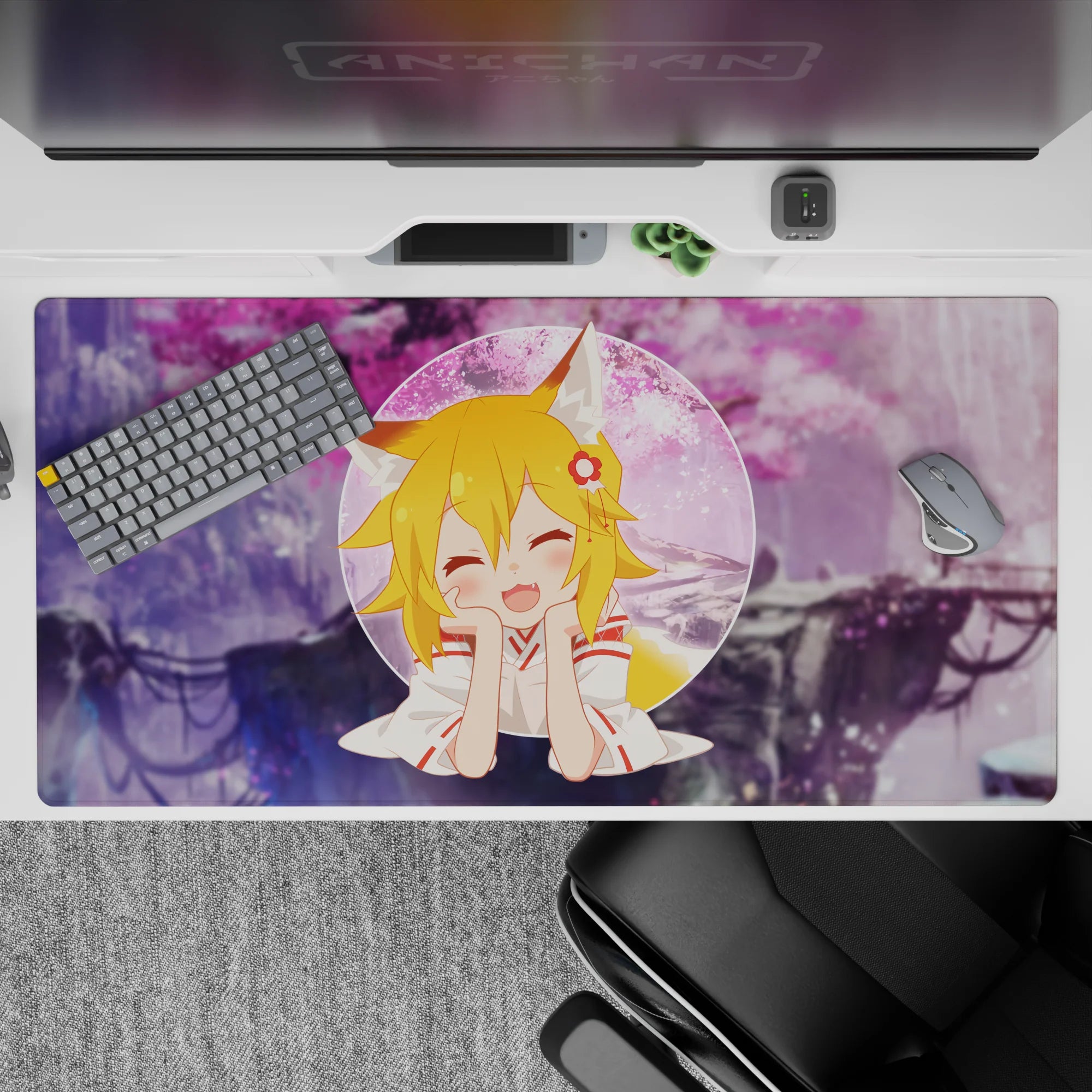 40x20 inches anime desk pad in dreamy purples and pink sakura clouds for a cozy, daydreamy setup.