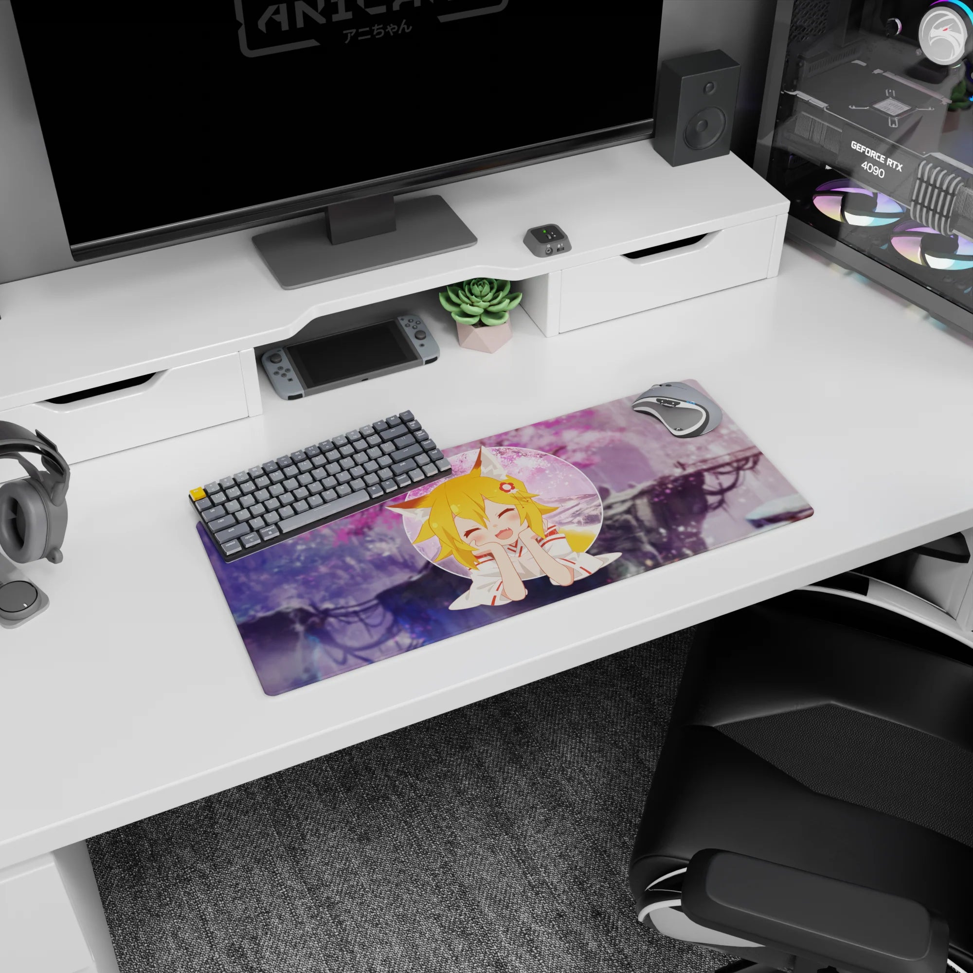 28x12 inches anime girl mouse pad featuring a fox-eared blonde with flower clip and squishy smile.