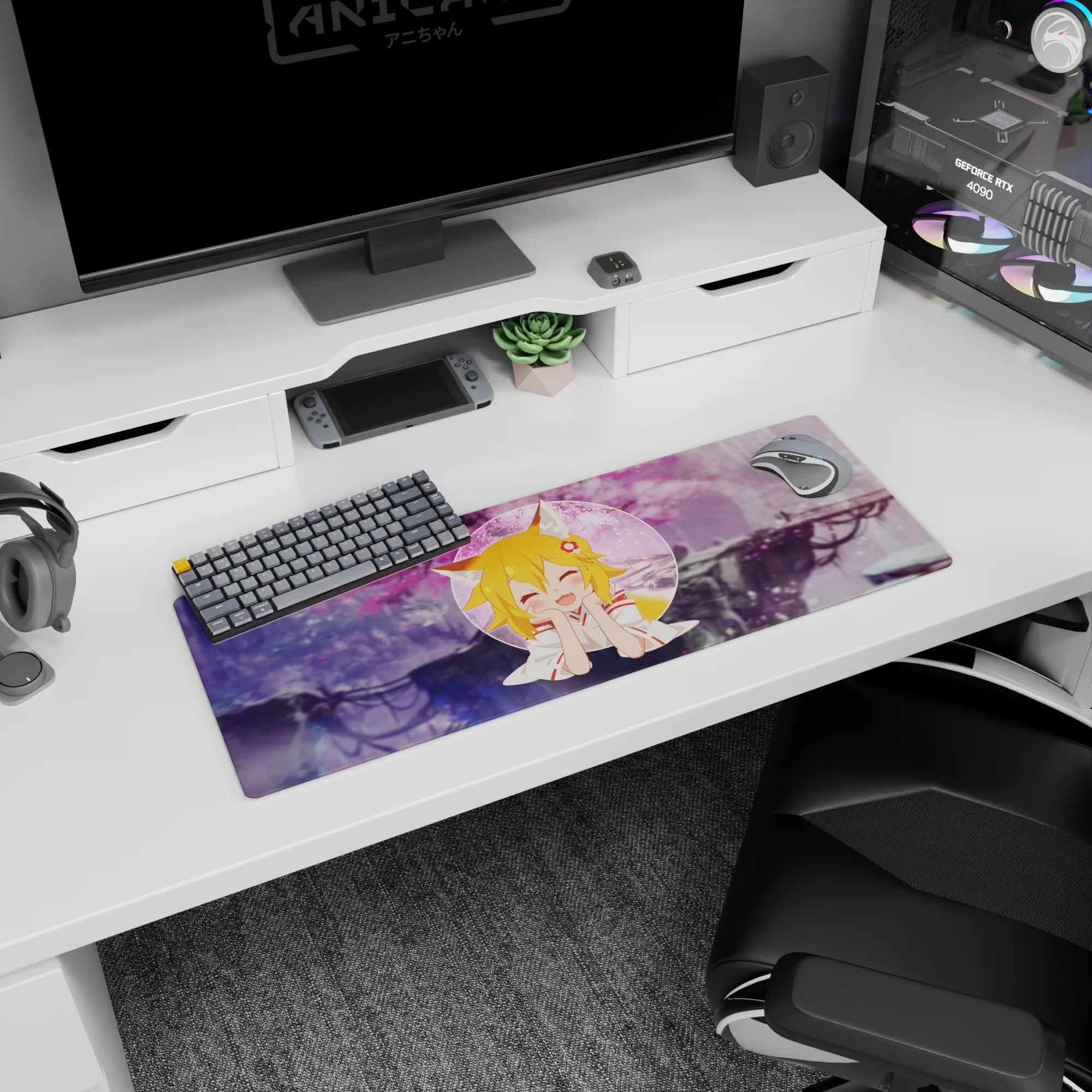 32x12 inches anime girl mouse pad featuring a fox-eared blonde cutie with a squishy smile in a circle frame.