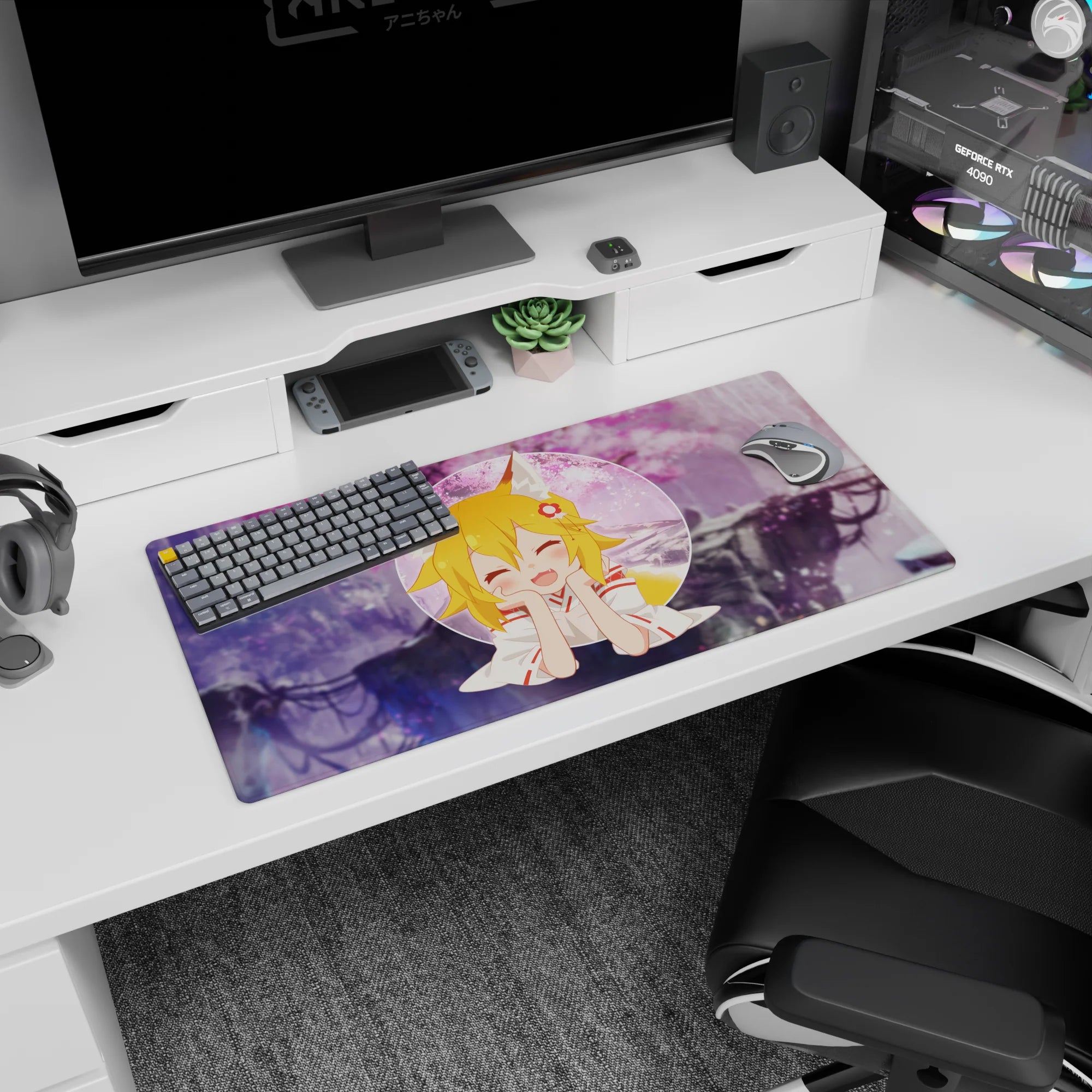 32x16 inches anime girl mouse pad featuring a fox-eared blonde with flower hair clip and squishy smile.