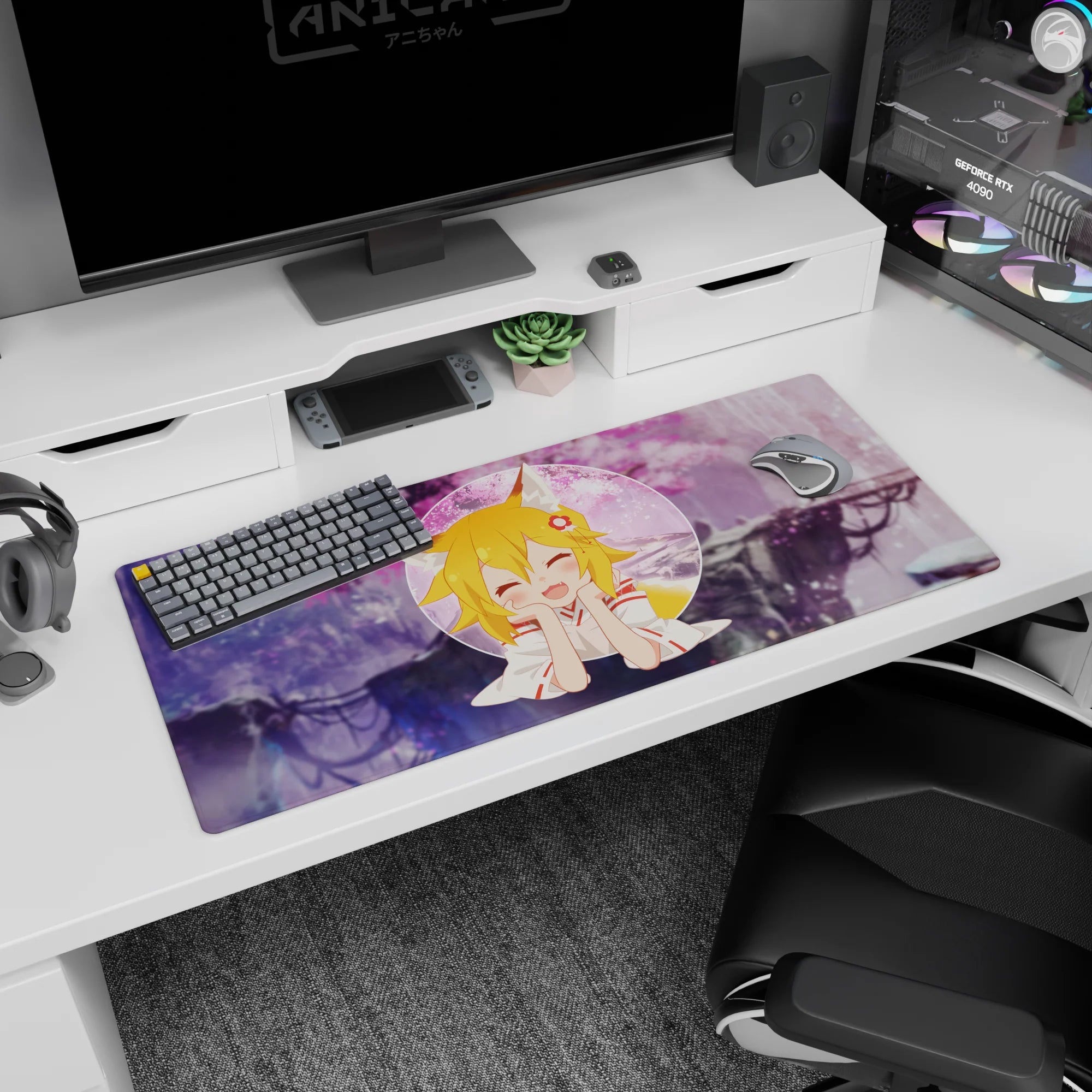 Fox-eared anime girl desk pad 36x16 inches, blonde hair with flower clip and squishy smile.