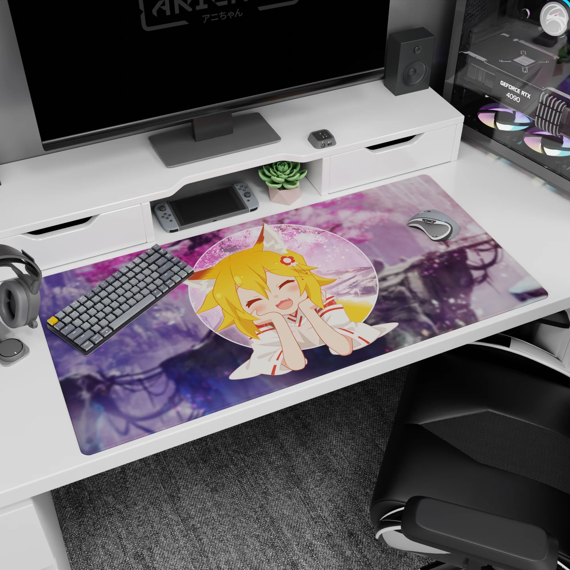 40x20 inches desk pad featuring a fox-eared blonde anime girl smiling in a crisp circle frame.
