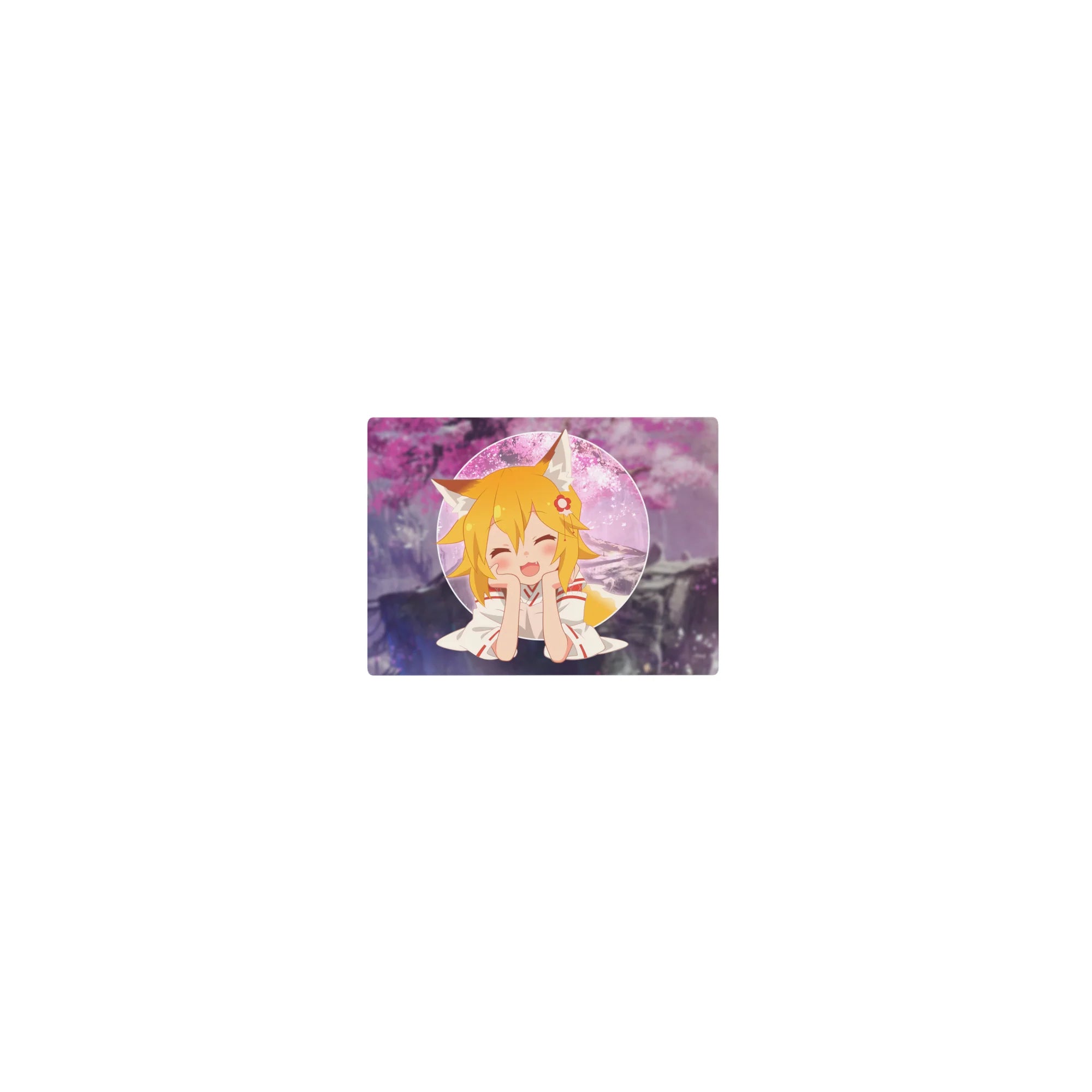 Classic anime girl mouse pad 14x10 inches with fox ears, circle portrait, sakura clouds, purple backdrop.