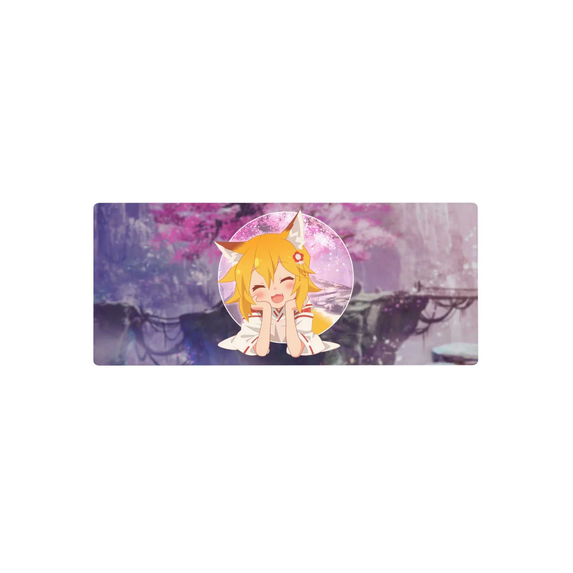 28x12 inches anime girl mouse pad with fox-eared blonde in circle frame, sakura clouds background.