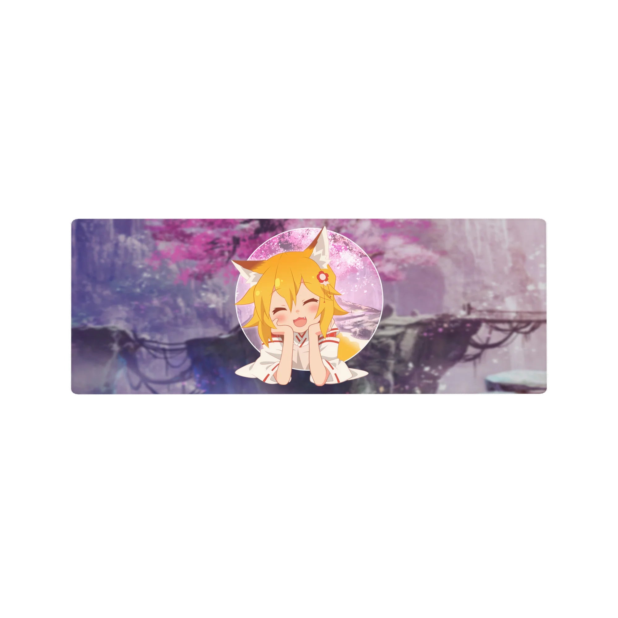 32x12 inches anime girl mouse pad with fox ears, blonde hair, flower clip, circle portrait, sakura clouds.