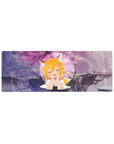 32x12 inches anime girl mouse pad with fox ears, blonde hair, flower clip, circle portrait, sakura clouds.