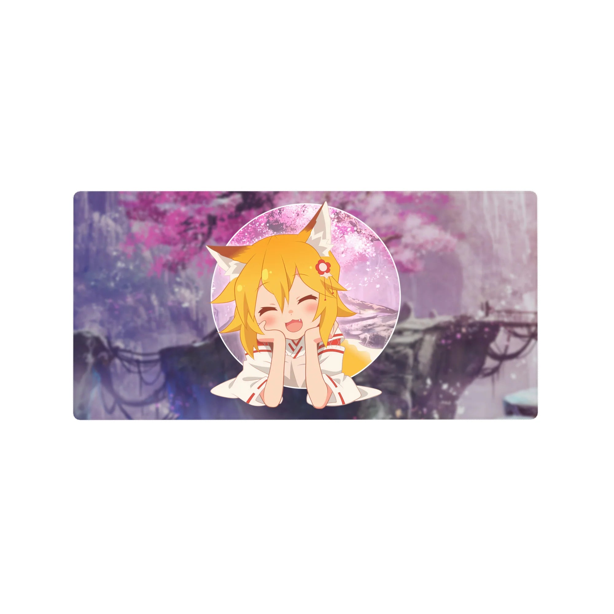 32x16 inches anime girl mouse pad with fox-eared blonde in circle frame, sakura clouds, purple backdrop.