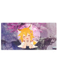 32x16 inches anime girl mouse pad with fox-eared blonde in circle frame, sakura clouds, purple backdrop.