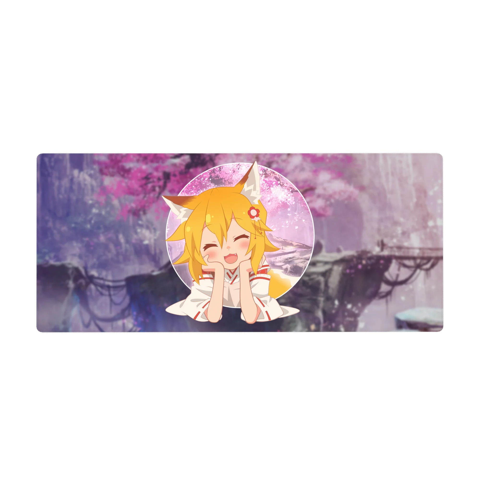 Anime girl desk pad 36x16 inches with fox-eared blonde in circle frame, sakura clouds backdrop.