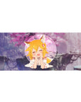 Anime girl desk pad 36x16 inches with fox-eared blonde in circle frame, sakura clouds backdrop.