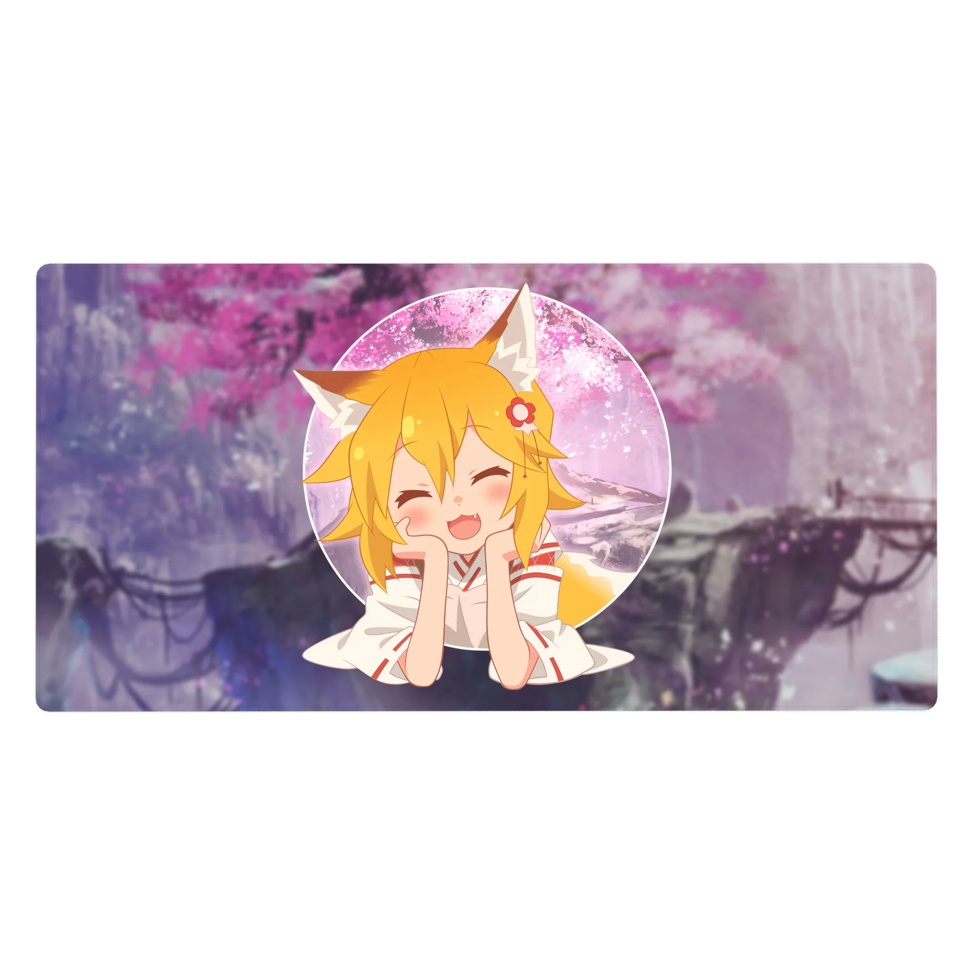 40x20 inches anime girl desk pad with fox ears, blonde hair, flower clip, circle portrait, sakura backdrop.