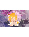 40x20 inches anime girl desk pad with fox ears, blonde hair, flower clip, circle portrait, sakura backdrop.