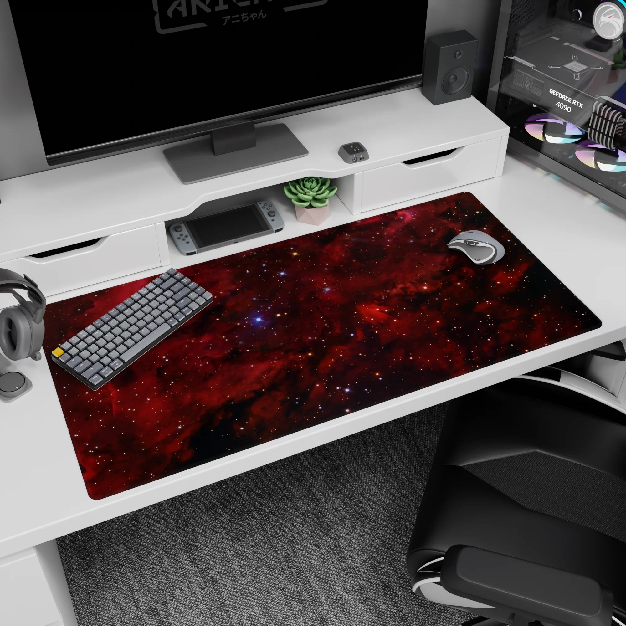 Star-speckled crimson nebula scene desk pad, 40x20 inches, swirling smoky maroon clouds in deep space.