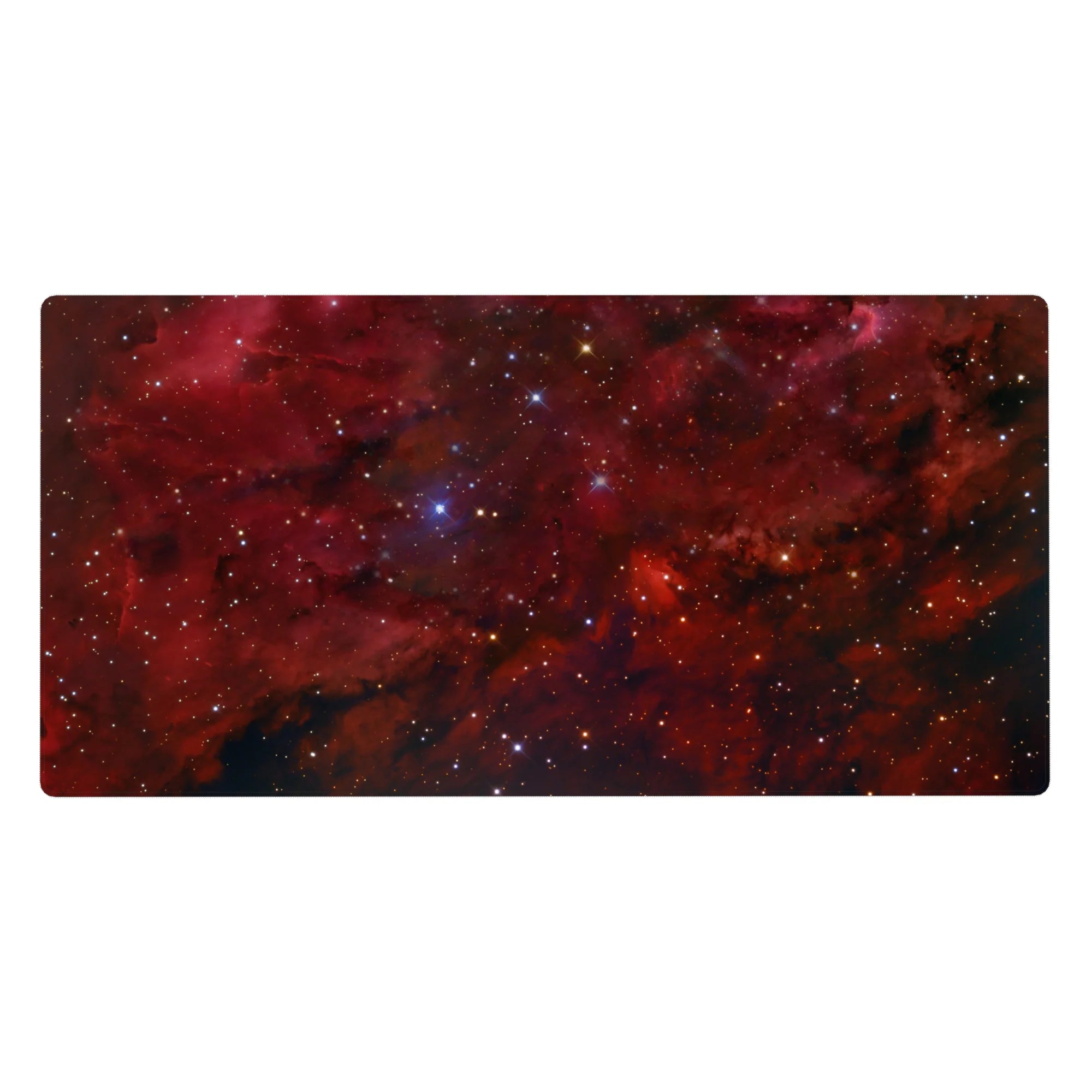 Deep crimson nebula galaxy desk pad, 40x20 inches, with maroon clouds and sparkling star confetti.