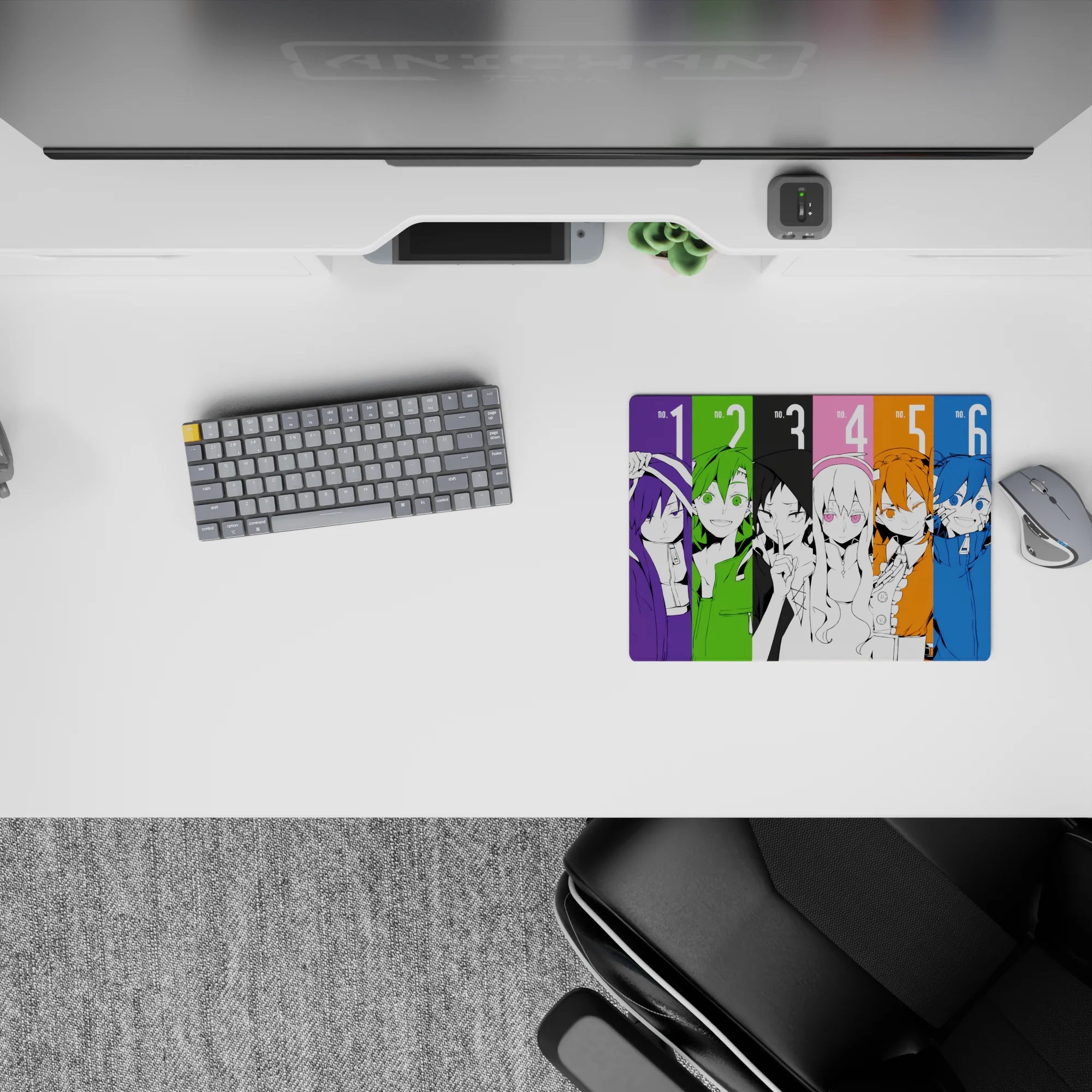 Vibrant neon pop-art anime mouse pad 14x10 inches in violet, lime, sky blue, and neon yellow.