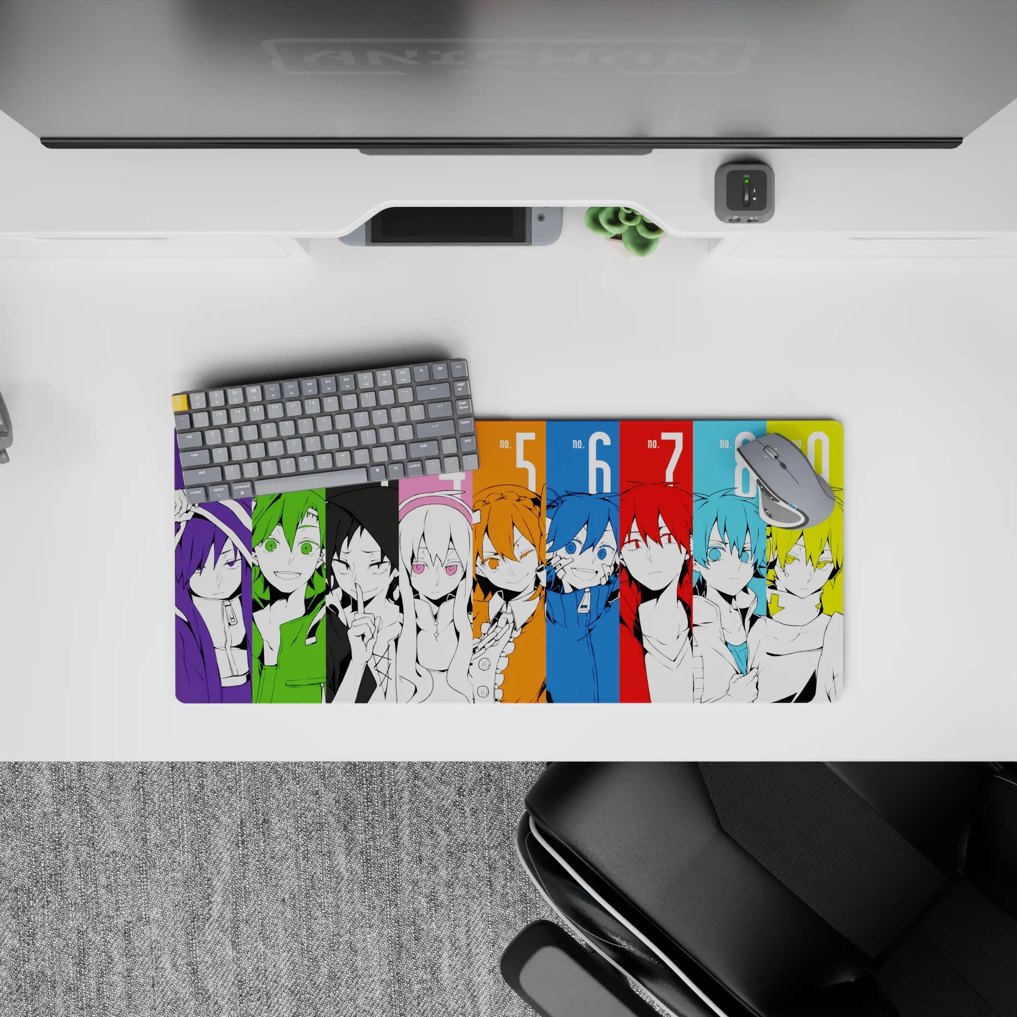 28x12 inches anime desk mat in neon violet, lime, and sky blue, with an electric, high-contrast vibe.
